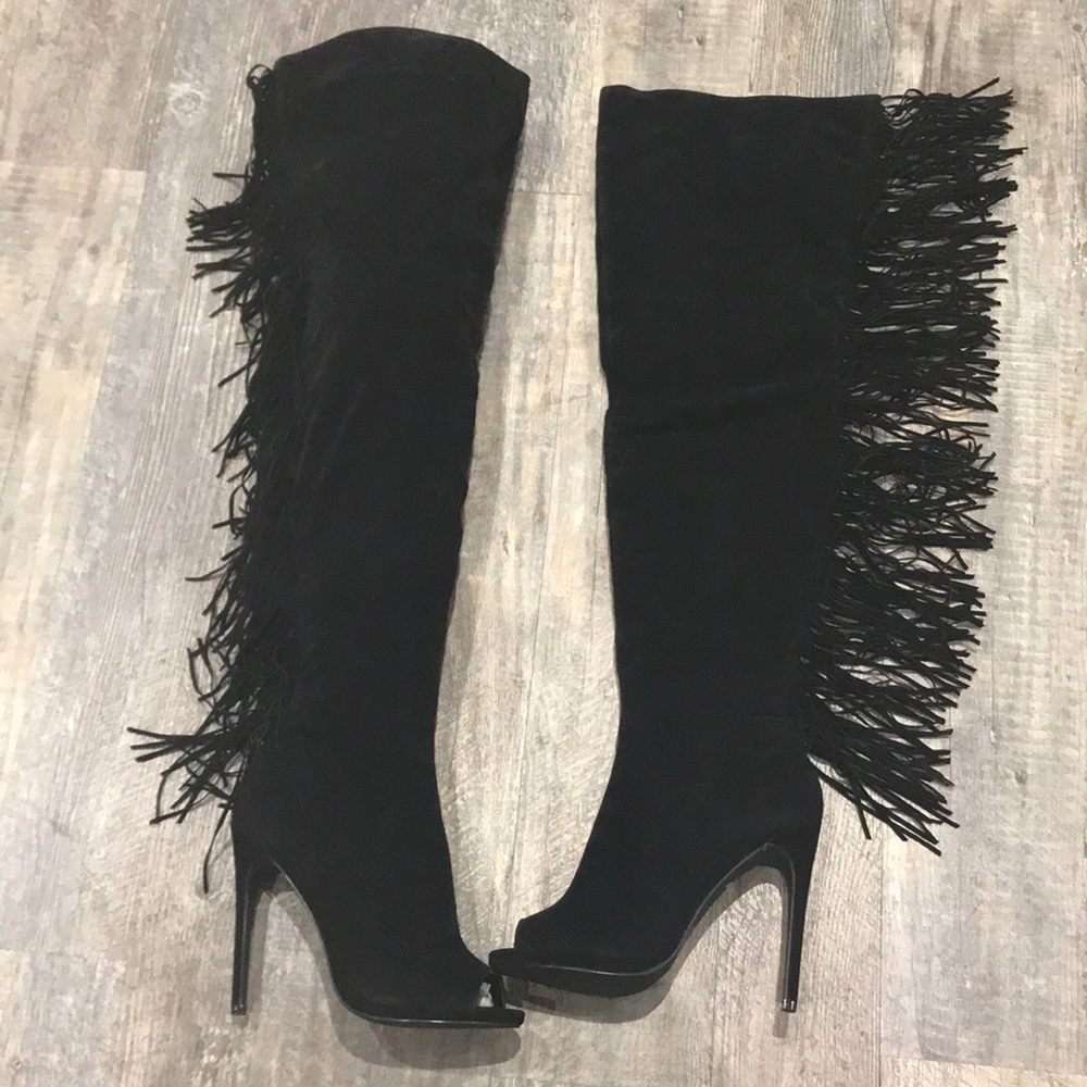 New womens black high heel suede fringe boot Black